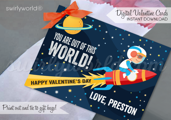 Space NASA astronaut rocketship outerspace boys Valentine Cards for school classroom digital download