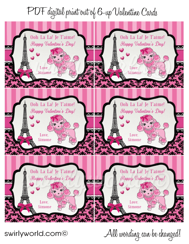 Paris French Parisian Pink Poodle Girl's Valentine's Day Cards for School Classroom. Fall in LOVE with this adorable Parisian Paris theme retro pink poodle digital printable Valentine Card! 