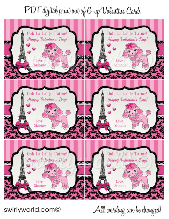 Paris French Parisian Pink Poodle Girl's Valentine's Day Cards for School Classroom. Fall in LOVE with this adorable Parisian Paris theme retro pink poodle digital printable Valentine Card! 