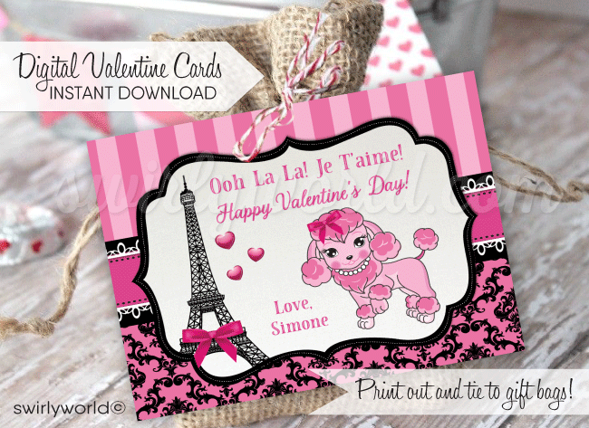 Paris French Parisian Pink Poodle Girl's Valentine's Day Cards for School Classroom. Fall in LOVE with this adorable Parisian Paris theme retro pink poodle digital printable Valentine Card! 