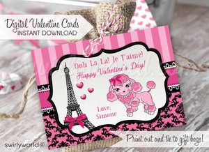 Paris French Parisian Pink Poodle Girl's Valentine's Day Cards for School Classroom. Fall in LOVE with this adorable Parisian Paris theme retro pink poodle digital printable Valentine Card! 
