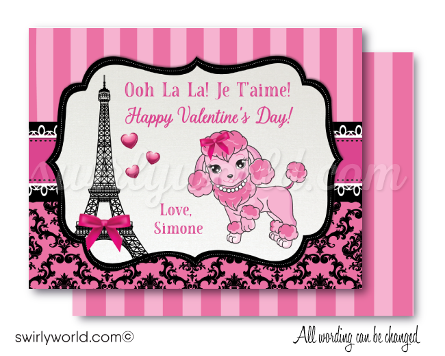 Paris French Parisian Pink Poodle Girl's Valentine's Day Cards for School Classroom