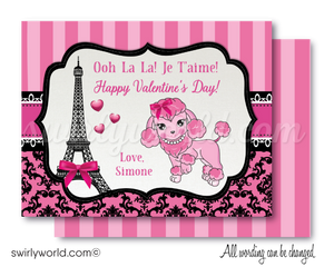 Paris French Parisian Pink Poodle Girl's Valentine's Day Cards for School Classroom