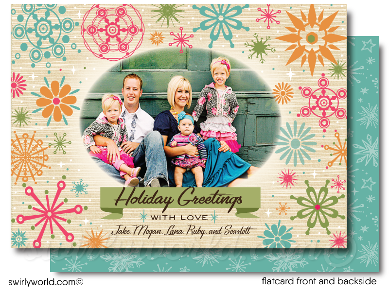 Atomic Mod Retro Snowflakes Christmas Holiday Photo Card Printable Digital Download