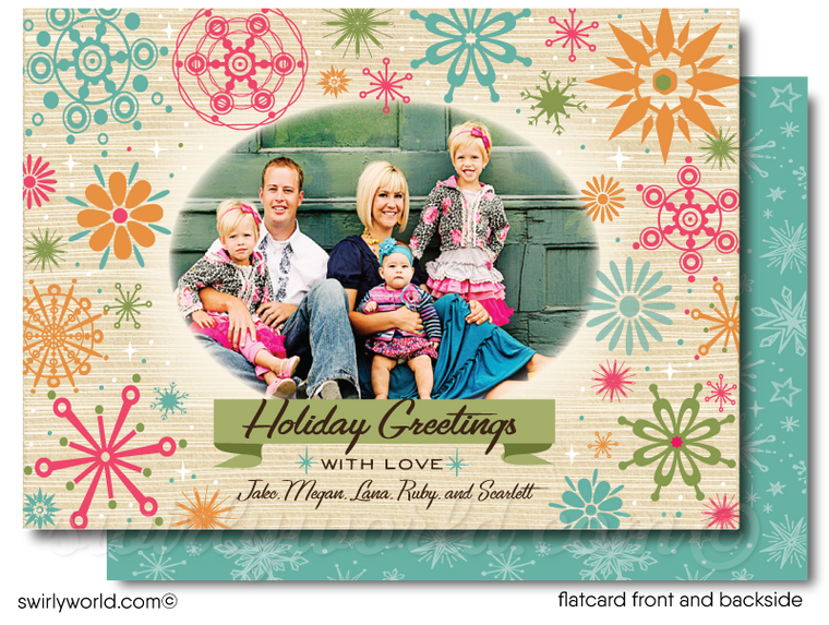 Atomic Mod Retro Snowflakes Christmas Holiday Photo Card Printable Digital Download