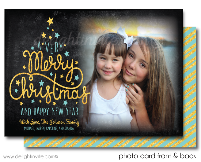Whimsical Gold and Blue Merry Christmas Holiday Photo Card Digital Printable