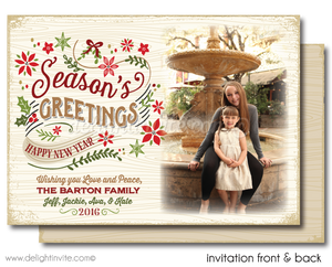 Rustic Vintage Season's Greetings Holiday Family Photo Card Printable Digital