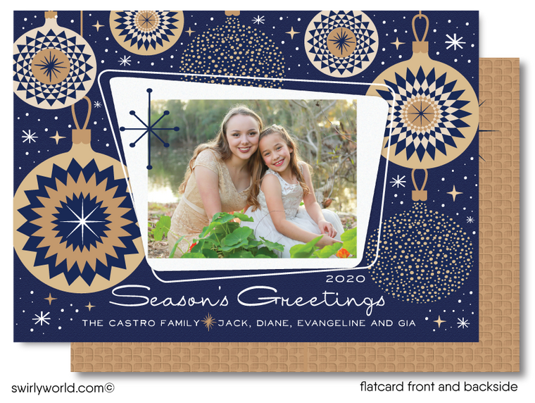 Retro Atomic Mod Navy Blue and Gold Christmas Photo Card Printable Digital Download