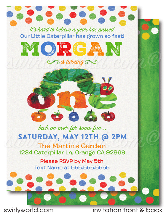 Vintage Very Hungry Little Caterpillar Gender Neutral 1st Birthday Party Invitations