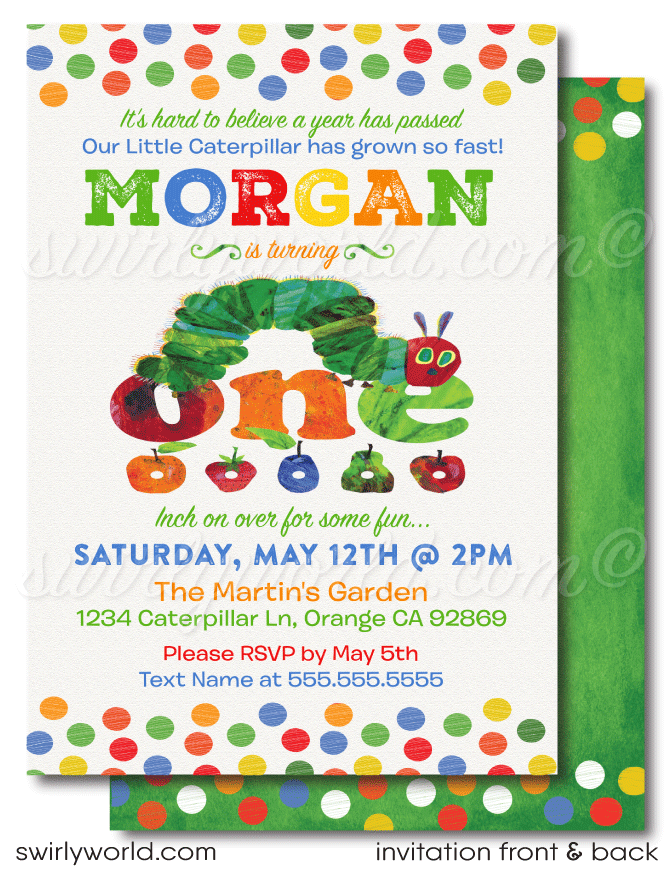 Introduce a touch of timeless charm to your little one's first birthday celebration with our Vintage Hungry Little Caterpillar Invitation &amp; Thank You Card Design with matching Envelopes. This gender-neutral digital download is imbued with the classic appeal of the beloved 1960s Caterpillar illustration, guaranteed to bring a smile to the faces of your guests. The vibrant and playful design captures the essence of the iconic story, making it a perfect theme for a memorable 1st birthday party.