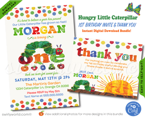 Celebrate your baby's 1st birthday with our Vintage Hungry Little Caterpillar Invitation & Thank You Card Set! 🐛🎉 Featuring classic 1960s caterpillar illustration, vibrant and playful design. Gender-neutral digital download with matching envelopes. Perfect for a nostalgic, memorable celebration!