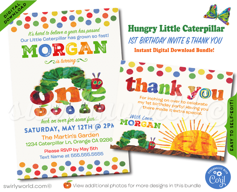 Vintage Hungry Little Caterpillar Invitation Thank You Card Design for Digital Download