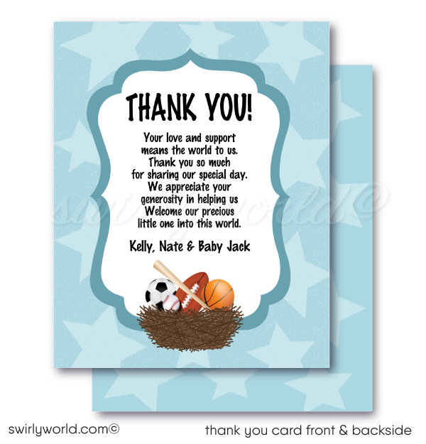 All Star "It's a Boy" Sports Theme Blue Baby Shower Thank You Cards