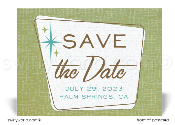 MCM starbursts atomic mid-century modern retro "Save the Date" Eames pattern wedding postcards. Palm Springs wedding