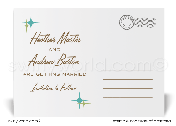 MCM starbursts atomic mid-century modern retro "Save the Date" Eames pattern wedding postcards. Palm Springs wedding