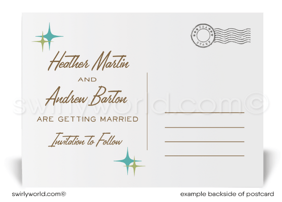 MCM starbursts atomic mid-century modern retro "Save the Date" Eames pattern wedding postcards. Palm Springs wedding