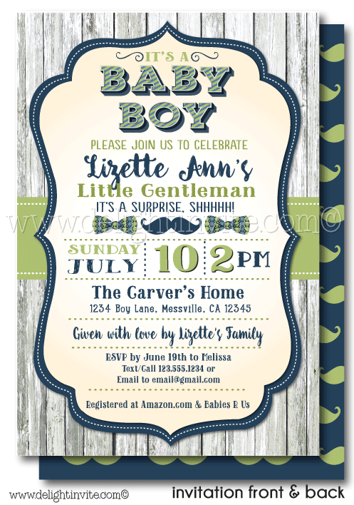 Do you love mustaches and bow ties? This hipster, mustache, and bow-tie, "Little Gentleman" theme baby shower invite is so cute. Little Gentleman Baby Shower Invites, Hipster Mustache Baby Shower. Bowtie Hipster Baby Shower Invites. It's a boy! Little Gentleman is on the way. Boy baby. Blue and Green boy baby shower.