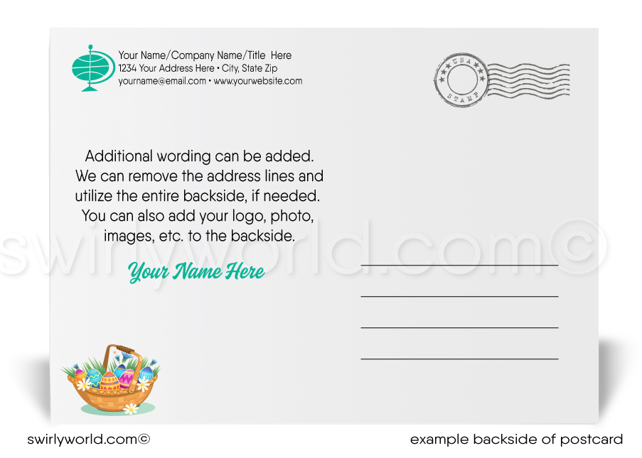 Retro modern cute bunny happy Easter postcards for businessRetro modern cute white bunny rabbit with chocolate colored egg; happy Easter springtime postcards for business marketing.