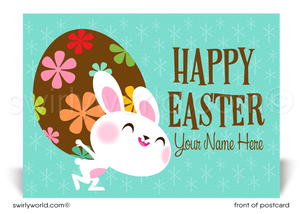 Retro modern cute bunny happy Easter postcards for businessRetro modern cute white bunny rabbit with chocolate colored egg; happy Easter springtime postcards for business marketing.