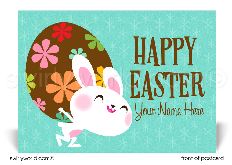Retro modern cute bunny happy Easter postcards for businessRetro modern cute white bunny rabbit with chocolate colored egg; happy Easter springtime postcards for business marketing.