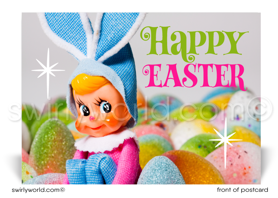 Retro Modern Pixie Elf Spring Easter Postcards