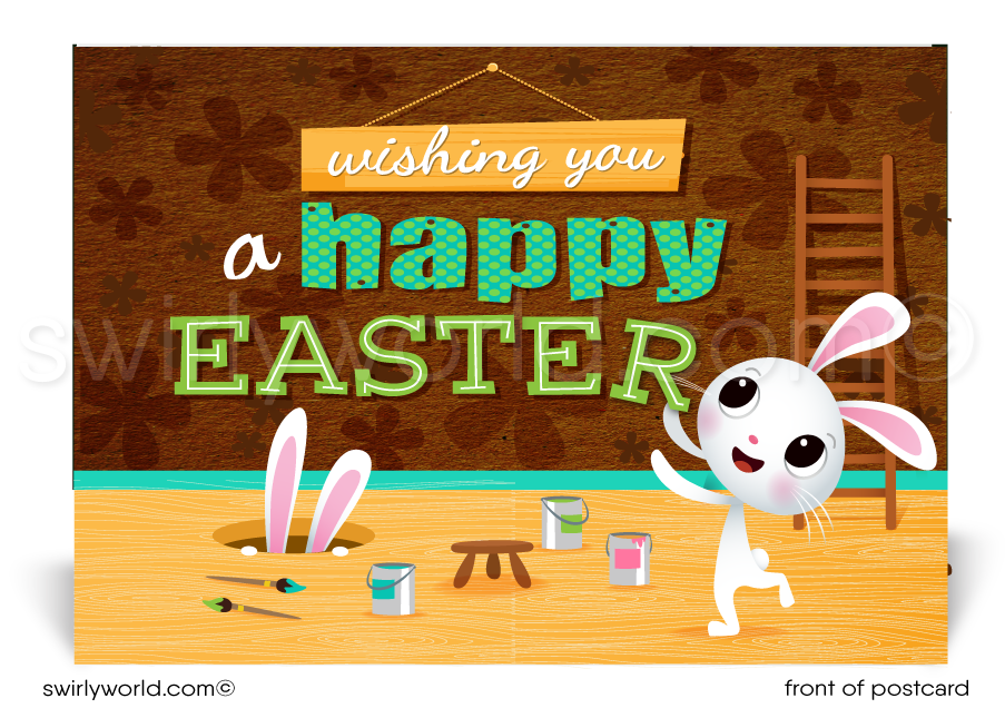 Retro modern cute bunny happy Easter postcards for business.