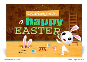 Retro modern cute bunny happy Easter postcards for business.