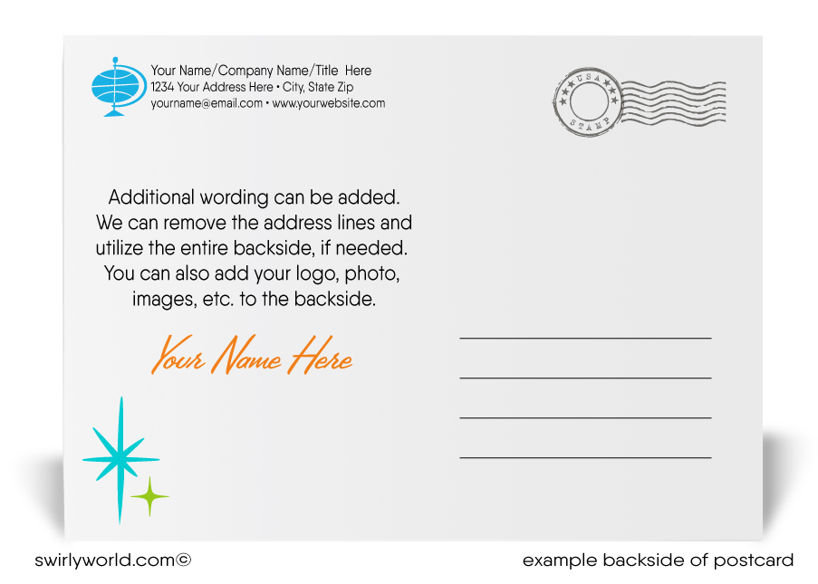 Retro mid-century atomic modern style colorful eggs happy Easter springtime postcards for business marketing.