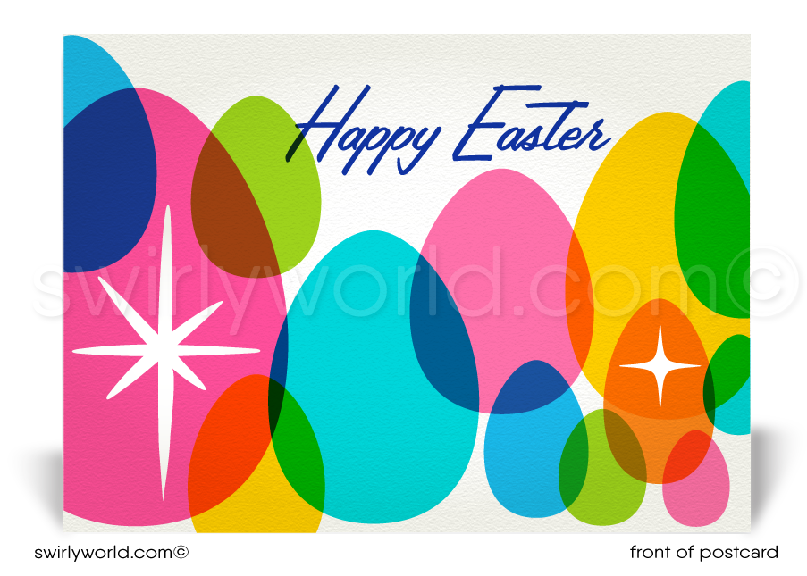 Retro mid-century atomic modern style colorful eggs happy Easter springtime postcards for business marketing.