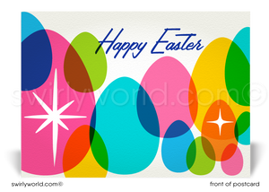 Retro mid-century atomic modern style colorful eggs happy Easter springtime postcards for business marketing.