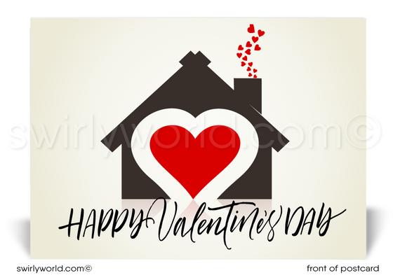 Home with hearts coming out of chimney; happy Valentine's Day postcards for Realtors and Agents.