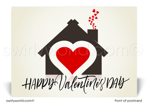 Home with hearts coming out of chimney; happy Valentine's Day postcards for Realtors and Agents.
