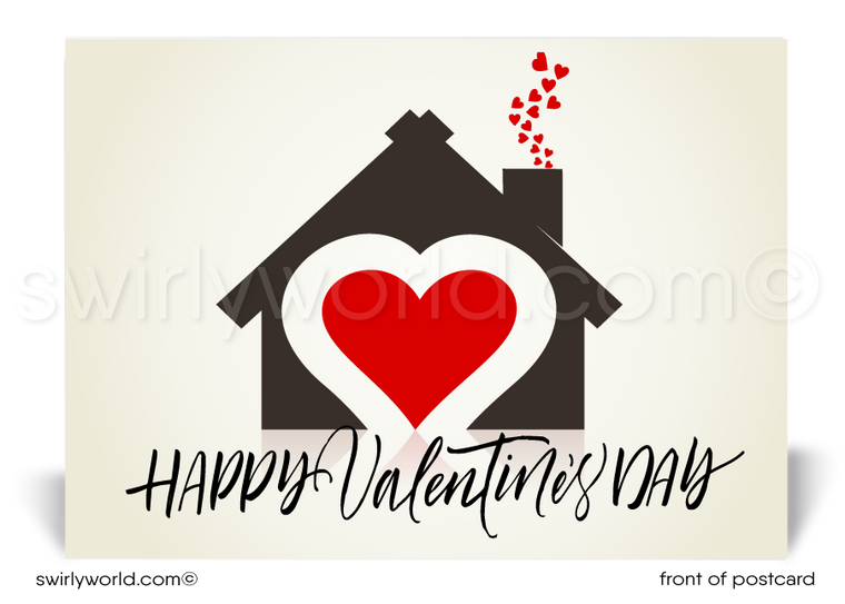 Home with hearts coming out of chimney; happy Valentine's Day postcards for Realtors and Agents.