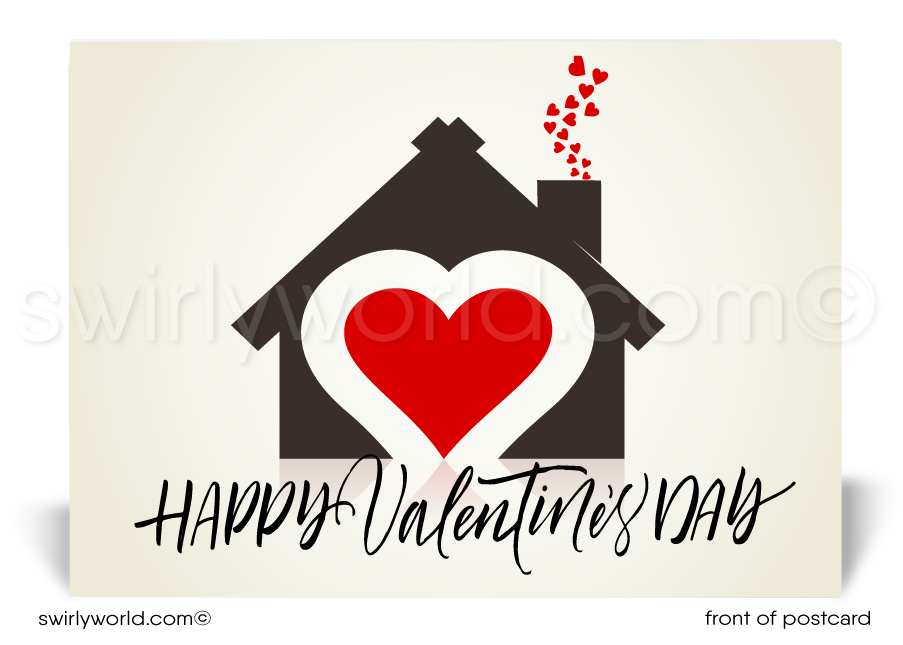 Home with hearts coming out of chimney; happy Valentine's Day postcards for Realtors and Agents.