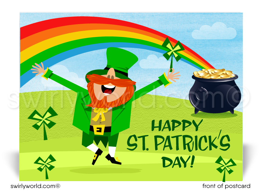 Celebrate St. Patrick’s Day with a festive postcard featuring a cheerful leprechaun, lucky shamrock, pot of gold & rainbow. Perfect for clients & friends!
