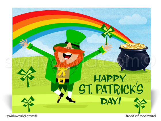 Celebrate St. Patrick’s Day with a festive postcard featuring a cheerful leprechaun, lucky shamrock, pot of gold & rainbow. Perfect for clients & friends!