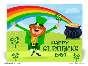 Celebrate St. Patrick’s Day with a festive postcard featuring a cheerful leprechaun, lucky shamrock, pot of gold & rainbow. Perfect for clients & friends!