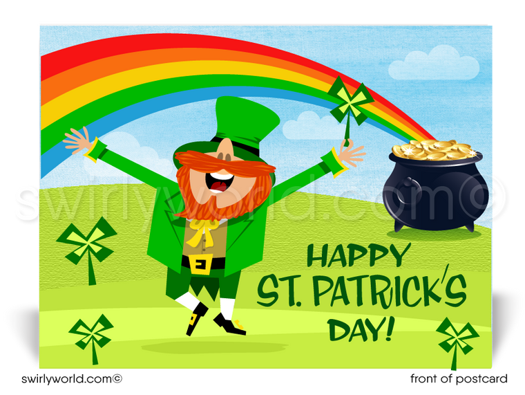 Celebrate St. Patrick’s Day with a festive postcard featuring a cheerful leprechaun, lucky shamrock, pot of gold & rainbow. Perfect for clients & friends!