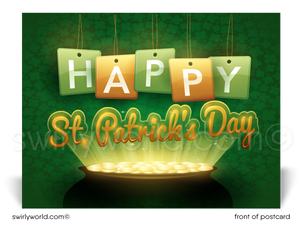 Lucky shamrock Irish green and gold happy St. Patrick's Day postcards for business marketing.