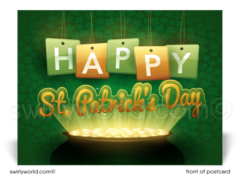 Lucky shamrock Irish green and gold happy St. Patrick's Day postcards for business marketing.