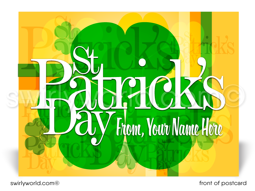Lucky shamrock yellow, gold, and green Irish happy St. Patrick's Day postcards for business marketing.