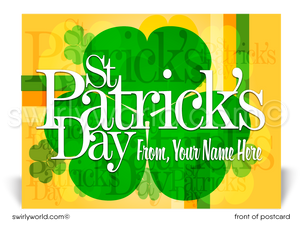 Lucky shamrock yellow, gold, and green Irish happy St. Patrick's Day postcards for business marketing.