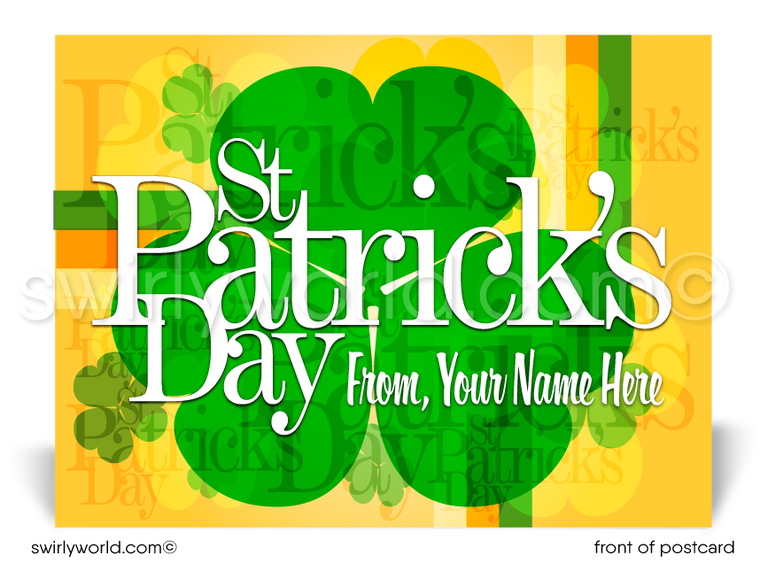 Lucky shamrock yellow, gold, and green Irish happy St. Patrick's Day postcards for business marketing.