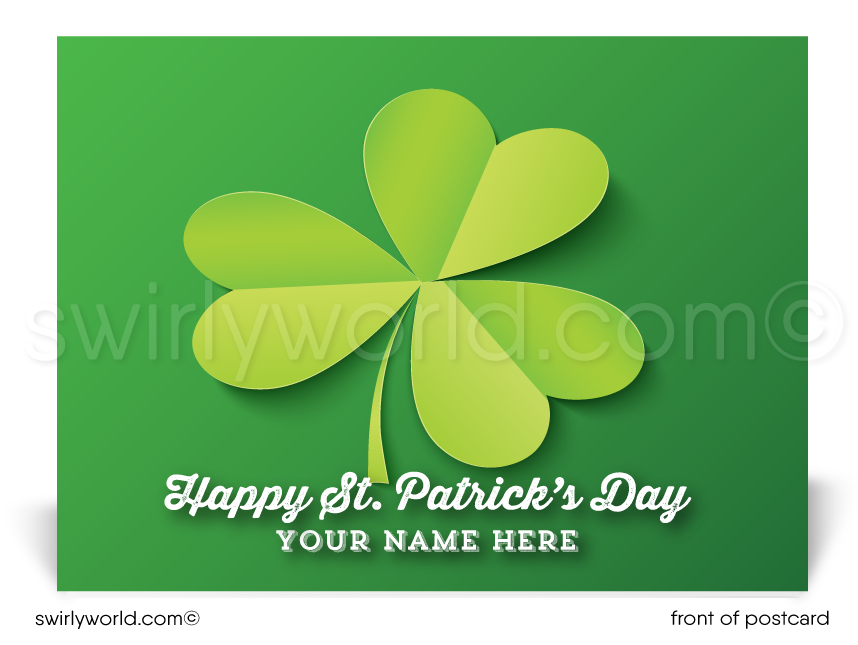 Lucky shamrock Irish green happy St. Patrick's Day postcards for business marketing.