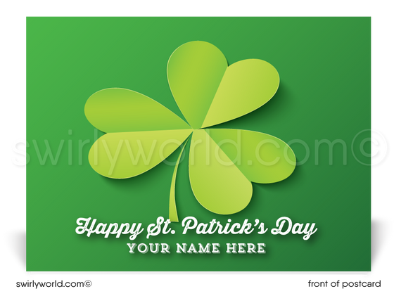 Lucky shamrock Irish green happy St. Patrick's Day postcards for business marketing.