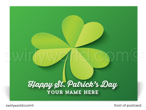 Lucky shamrock Irish green happy St. Patrick's Day postcards for business marketing.