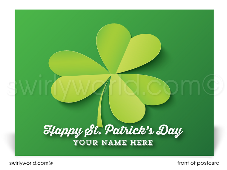 Lucky shamrock Irish green happy St. Patrick's Day postcards for business marketing.