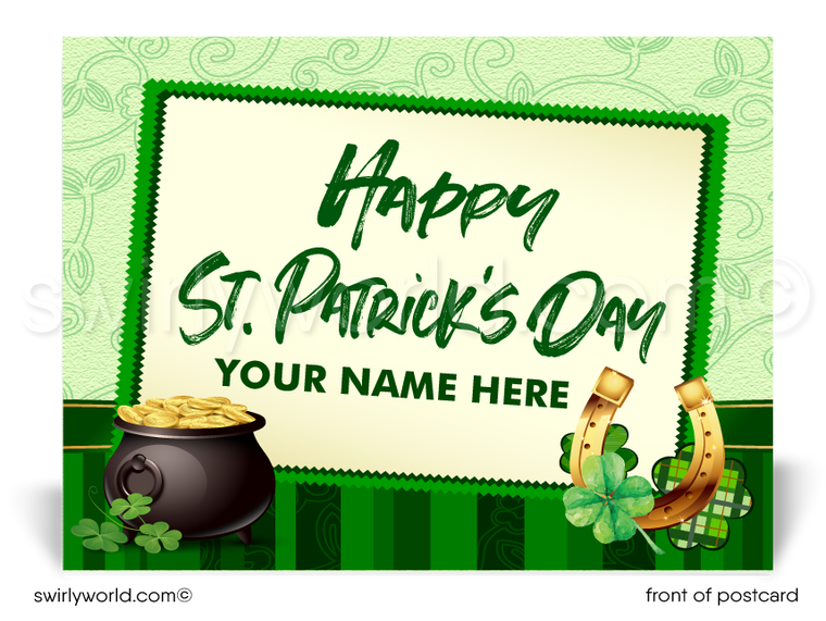 Lucky green shamrocks Irish horseshoe with pot of gold happy St. Patrick's Day postcards for business marketing.