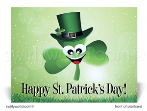 Lucky shamrock cartoon green happy St. Patrick's Day postcards for business marketing.