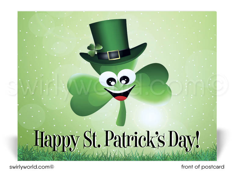 Lucky shamrock cartoon green happy St. Patrick's Day postcards for business marketing.